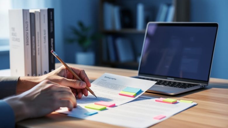Hands of a freelance writer reviewing printed bibliography pages with colored tabs at a wooden desk, pencil in hand, with a laptop and stacked style guides nearby under soft daylight, bookshelf and plant blurred in the background.