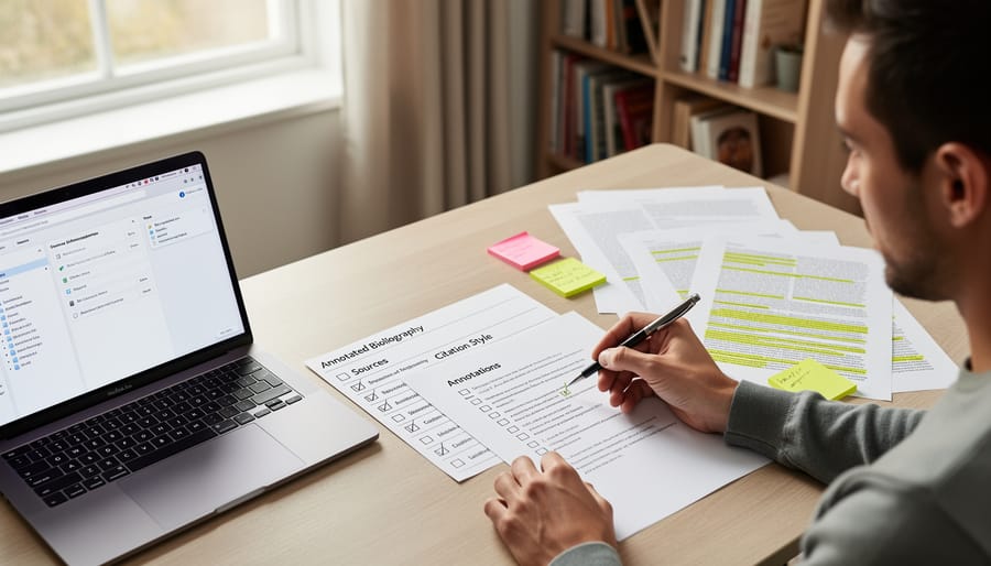 Overhead view of organized citation checklist workspace with bibliography materials