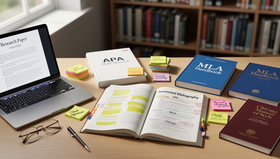 Stack of academic citation style guide books on desk with reading materials