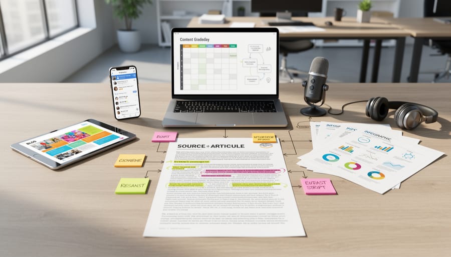 Hands organizing colorful sticky notes and article content on wooden workspace table