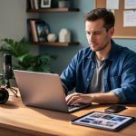 Canadian freelance writer at a wooden desk with laptop, DSLR camera, microphone and ring light, smartphone, and tablet with image thumbnails, shot from a slight overhead angle in soft daylight; blurred shelves, plants, and a maple-leaf mug in the background.