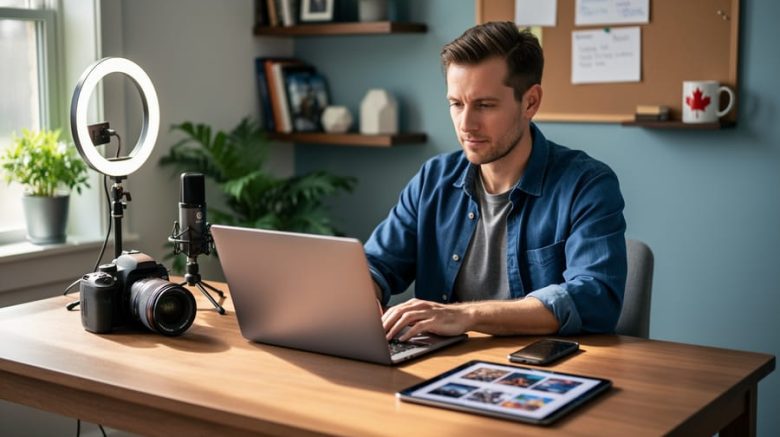 Canadian freelance writer at a wooden desk with laptop, DSLR camera, microphone and ring light, smartphone, and tablet with image thumbnails, shot from a slight overhead angle in soft daylight; blurred shelves, plants, and a maple-leaf mug in the background.