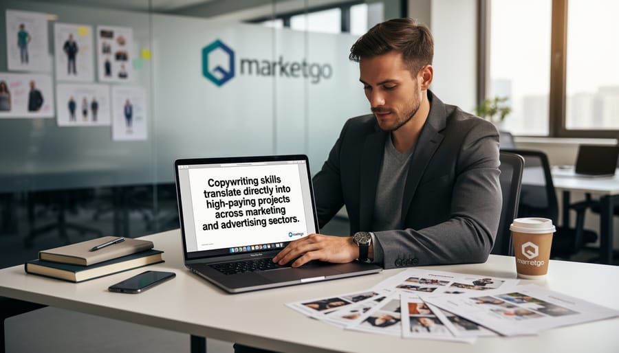 Marketing materials and copywriting samples arranged on desk from overhead view