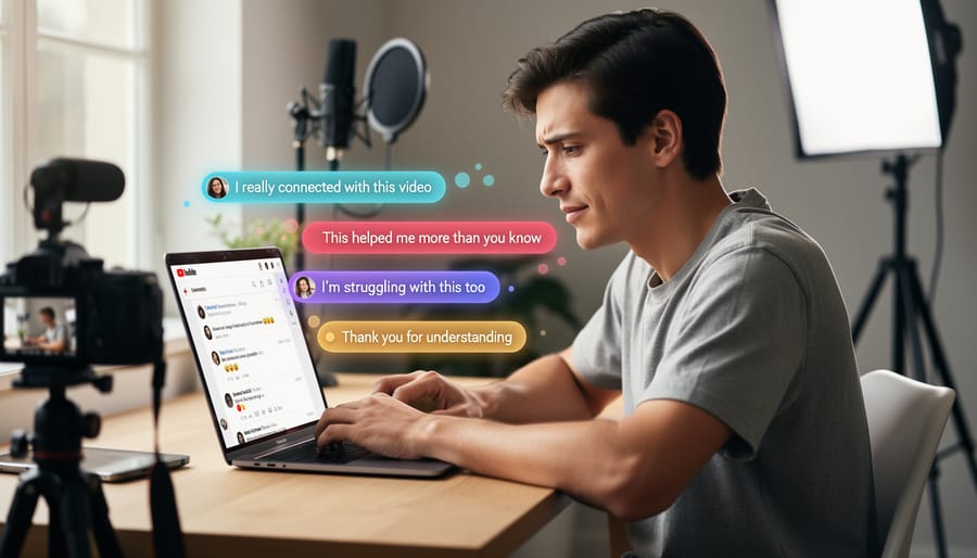 Content creator thoughtfully reading and analyzing YouTube comments on laptop