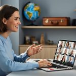 Canadian freelance writer in a home office on a video call with diverse international clients, soft side daylight, with a globe and travel souvenirs blurred on a bookshelf in the background.