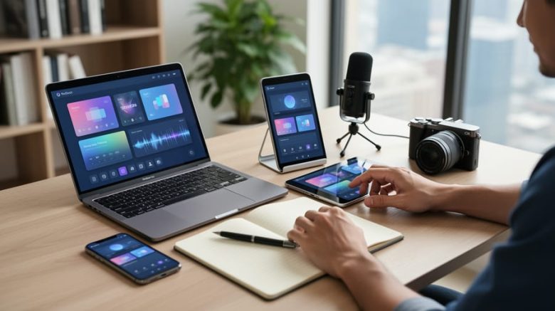 Hands of a freelance writer at a wooden desk managing a laptop, tablet, smartphone, podcast microphone, and camera, with abstract media visuals on the screens and a softly blurred home office background.