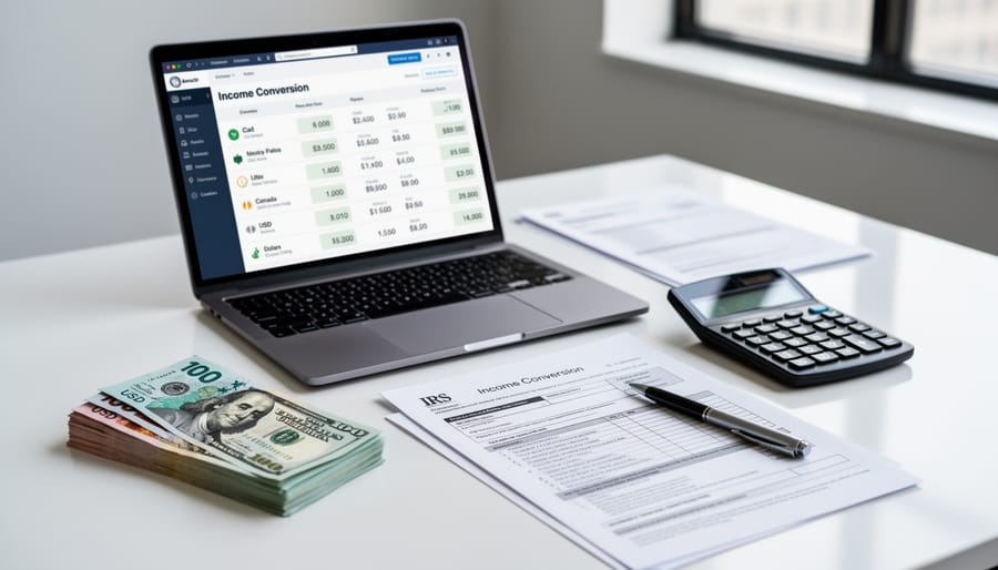 Person using laptop to check currency exchange rates for tax conversion