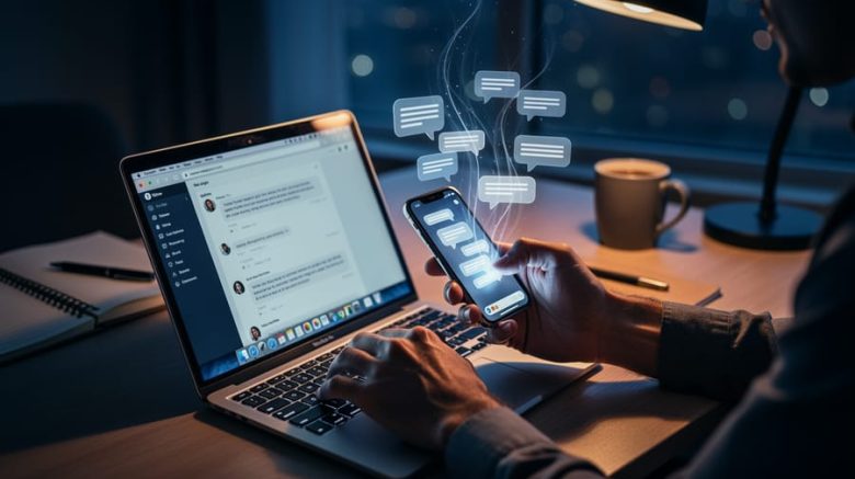Hands of a freelance writer at a laptop holding a smartphone as soft, glowing, textless message bubbles trail into a dim room, with a blurred notebook, coffee mug, and city lights in the background.