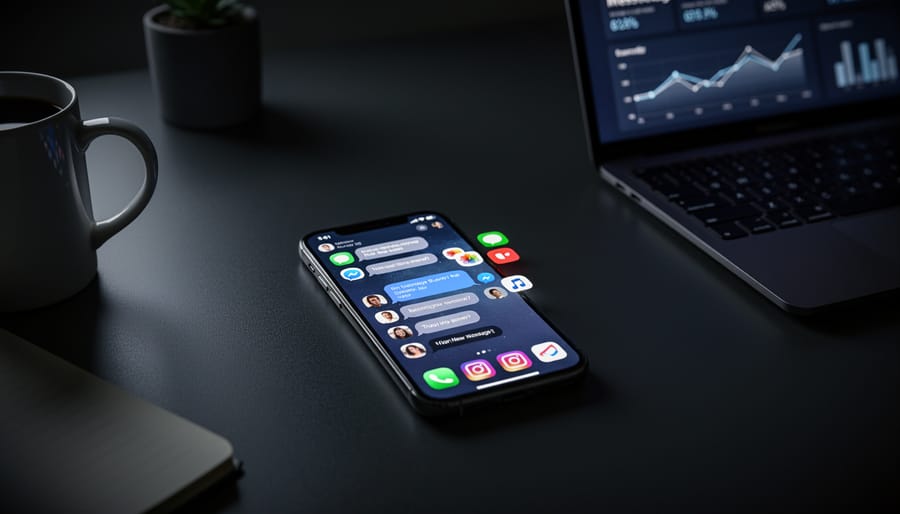 Person using smartphone messaging app in dim lighting showing private communication