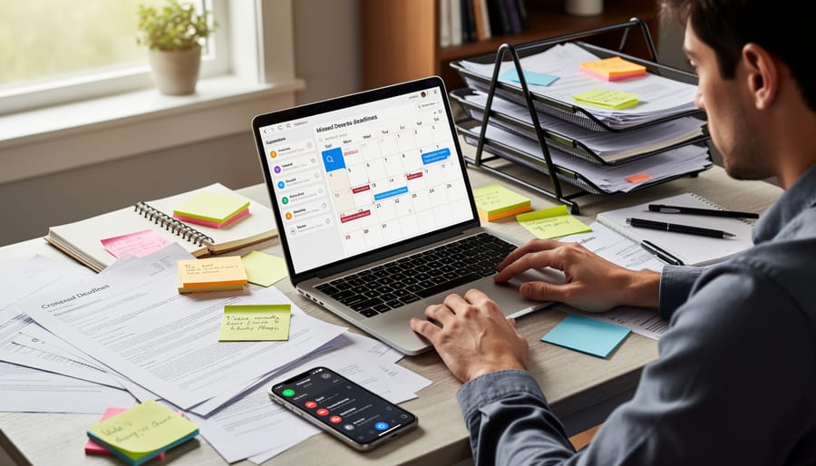 Freelance writer looking stressed at desk surrounded by scattered papers and notes