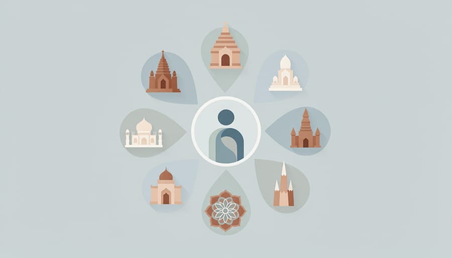 Diverse hands holding religious texts including Bible, Quran, Torah and Buddhist scriptures arranged on wooden table