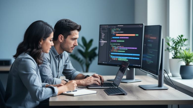 Technical writer and software engineer collaborating at a modern desk, concentrating on a laptop, with an out-of-focus monitor displaying abstract code-like shapes in soft daylight.
