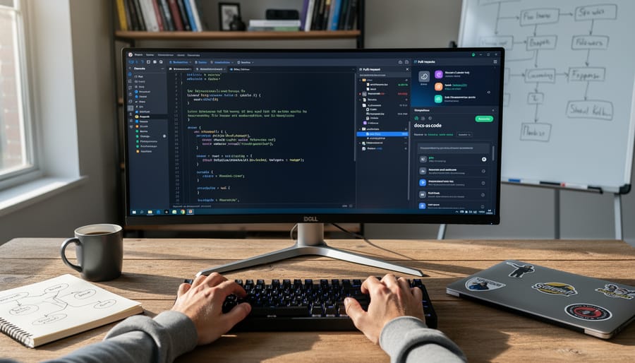 Close-up of hands typing on keyboard with code editor displaying Markdown documentation