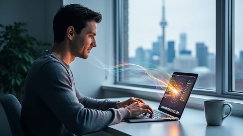 Canadian freelance writer at a modern desk, lit by soft window light and cool laptop glow, with subtle colorful light ribbons suggesting AI, and the CN Tower blurred in the background.