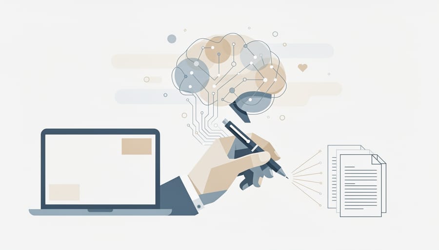 Freelance writer working on laptop with digital neural network visualization representing AI writing assistance