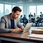 Freelance writer typing at a laptop with contract folders on the desk in a glass-walled office, with blurred conference room activity and a city skyline in the background.