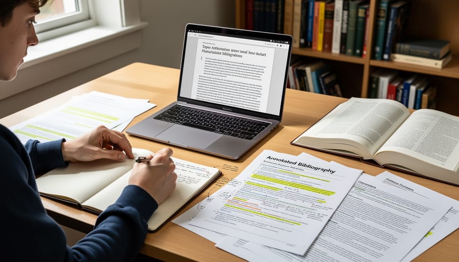 Person working on laptop with academic reference materials for citation work