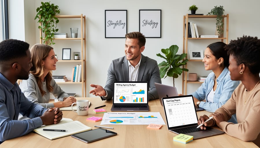 Financial planner meeting with creative business owner in professional office setting