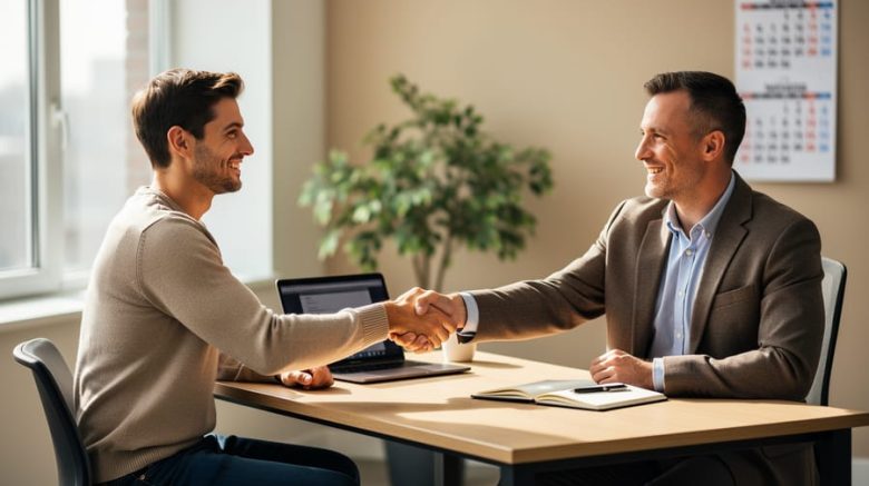 Freelance writer and client shaking hands across a desk with a laptop and notebook in soft natural light, with a blurred office, plant, and indistinct wall calendar in the background.