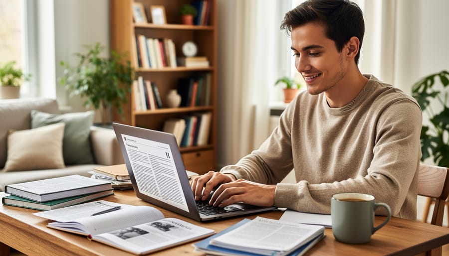 Freelance writer typing on laptop with writing samples displayed on screen