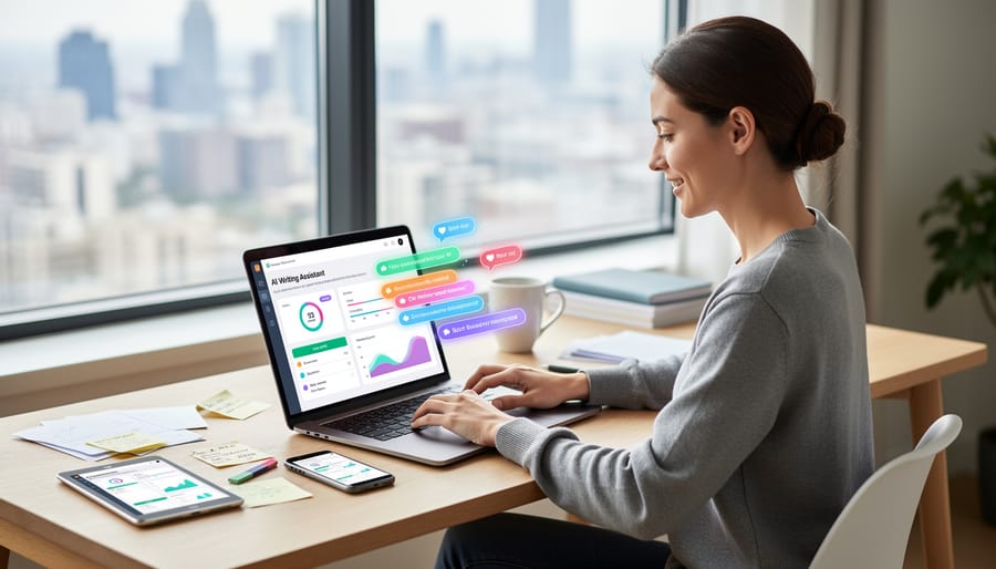 Professional freelance writer in modern workspace representing competitive advantage through technology adoption