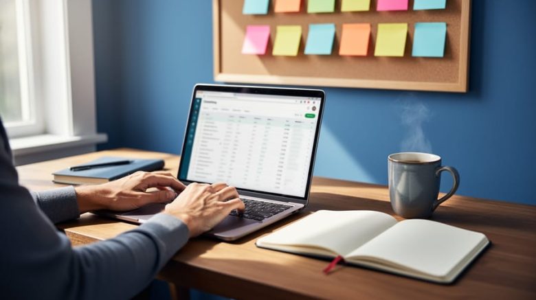 Freelance writer at a tidy home office desk typing on a laptop with a blurred CRM-style spreadsheet interface; color-coded sticky notes on a corkboard and a blank notebook visible in soft natural light.