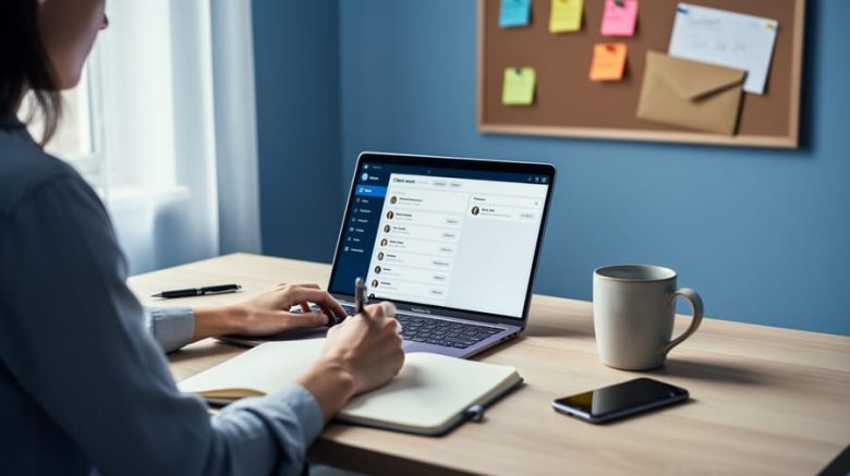 Over-the-shoulder view of a freelance writer at a tidy desk using a laptop and notebook, side-lit by natural daylight, with a blurred corkboard of color-coded cards in the background and no readable text.