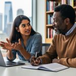 Two professionals of different backgrounds collaborate at a table with a laptop and notes in soft natural light, hands gesturing as they discuss; Toronto skyline blurred through a window in the background.