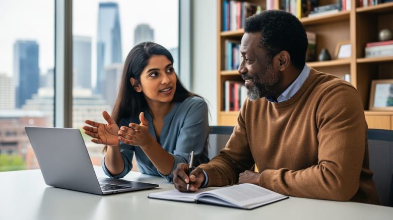 Two professionals of different backgrounds collaborate at a table with a laptop and notes in soft natural light, hands gesturing as they discuss; Toronto skyline blurred through a window in the background.