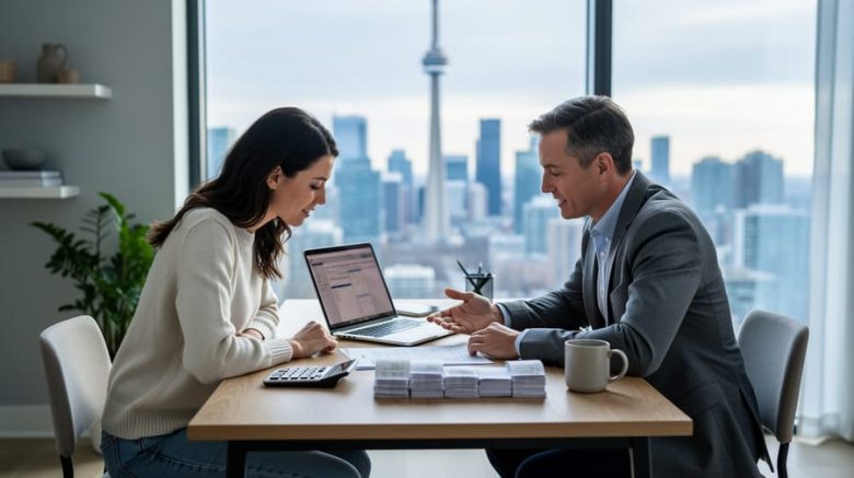 Freelance writer and financial planner discuss budgeting and taxes at a tidy home office desk with a laptop, calculator, receipts, and coffee mug, lit by soft natural daylight, with the Toronto skyline and CN Tower visible through the window.