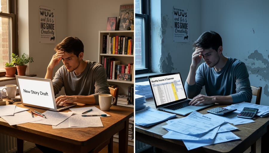 Freelance writer working at kitchen table surrounded by bills and laptop