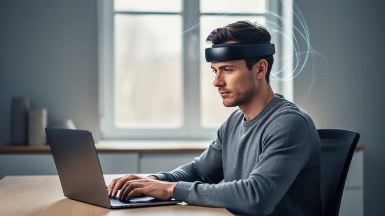 Person wearing a neurofeedback headband typing at a wooden desk in a minimalist home office, laptop screen angled away, soft morning light, blurred background, and faint glowing lines around the headband suggesting neural activity.