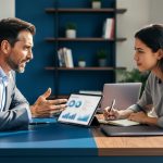 Freelance writer and financial advisor seated at a modern home office desk, reviewing a plan on a tablet with no readable text, laptop and calculator nearby, soft daylight and blurred shelves with plants in the background.