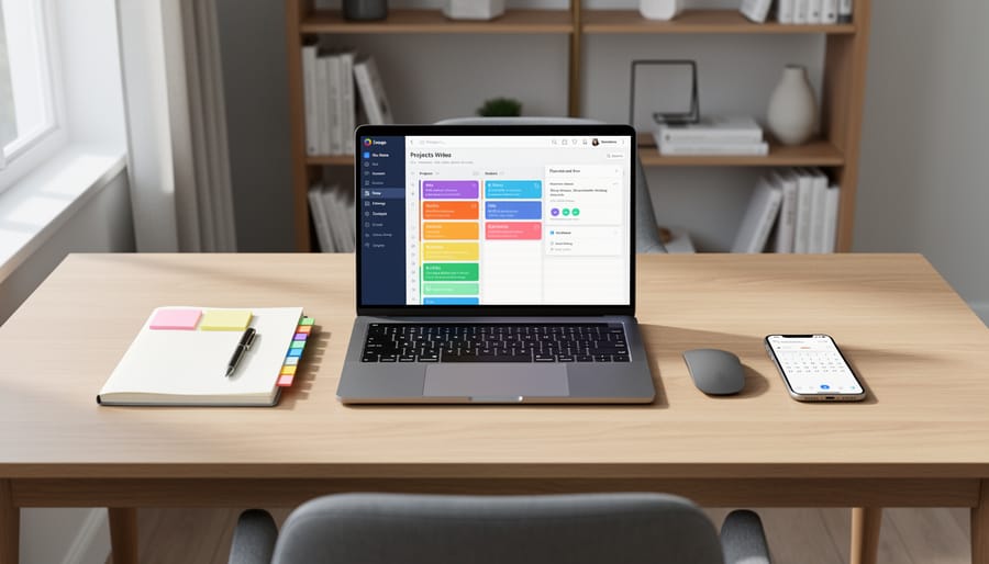 Organized freelance writer workspace with laptop and coffee on wooden desk