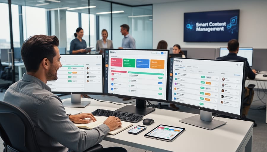 Freelance writer working confidently with organized client materials at home office