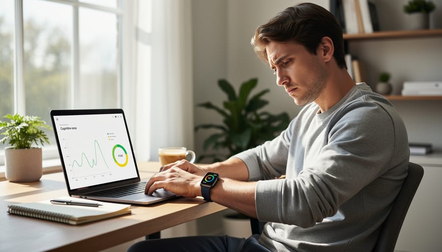 Person using wellness technology at desk to monitor stress and take mindful breaks