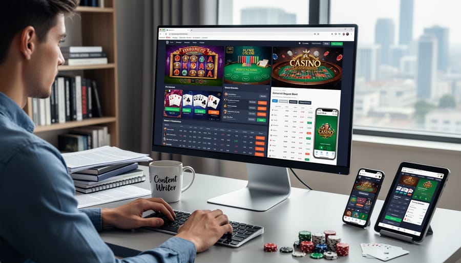 Casino gaming elements including cards, chips, dice and mobile gambling app on green felt