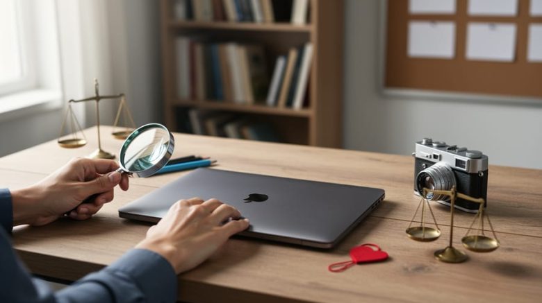 Close-up of a writer’s hands placing a magnifying glass, vintage camera, small brass scales, and a heart-shaped bookmark around a closed laptop on a wooden desk, lit by soft window light with a blurred bookshelf behind.