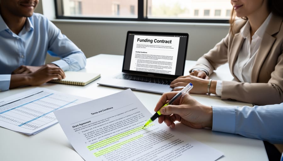 Young researcher reviewing grant contract document at desk