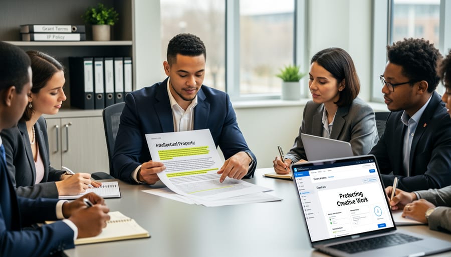 Two professionals discussing grant terms across office desk