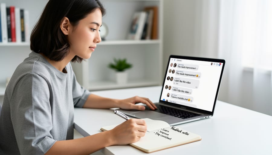 Creator holding phone with difficult comment, showing the emotional impact of online criticism