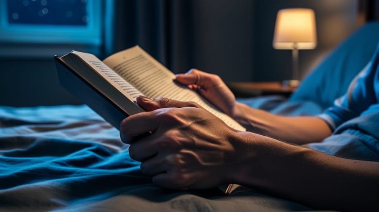 Close-up of tense hands gripping an open hardcover book on a rumpled bed at night, with warm lamplight and faint cool moonlight, background nightstand and window softly blurred.