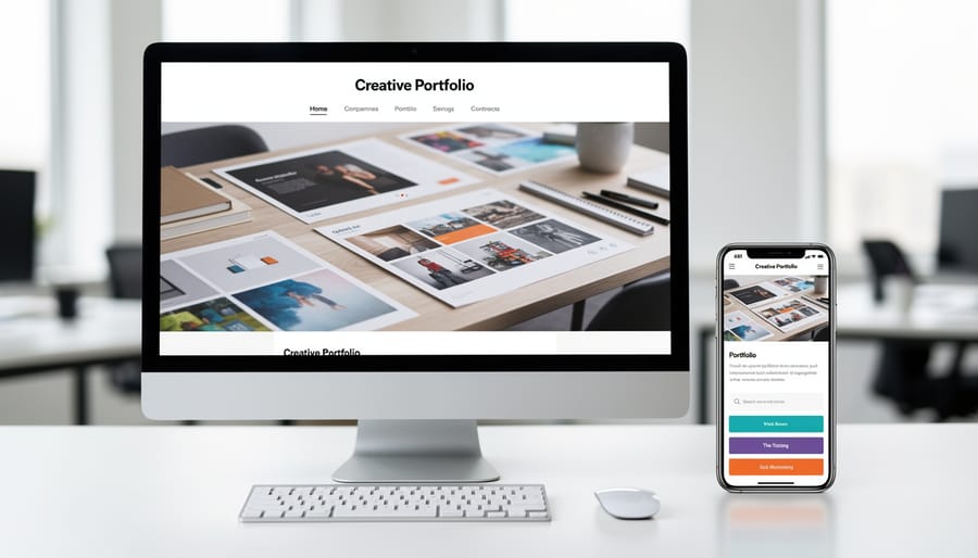 Person working on laptop with smartphone showing responsive portfolio design