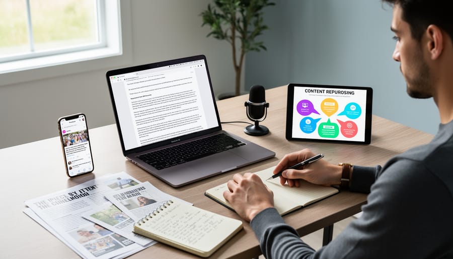 Overhead view of laptop and multiple devices displaying content in various formats on desk