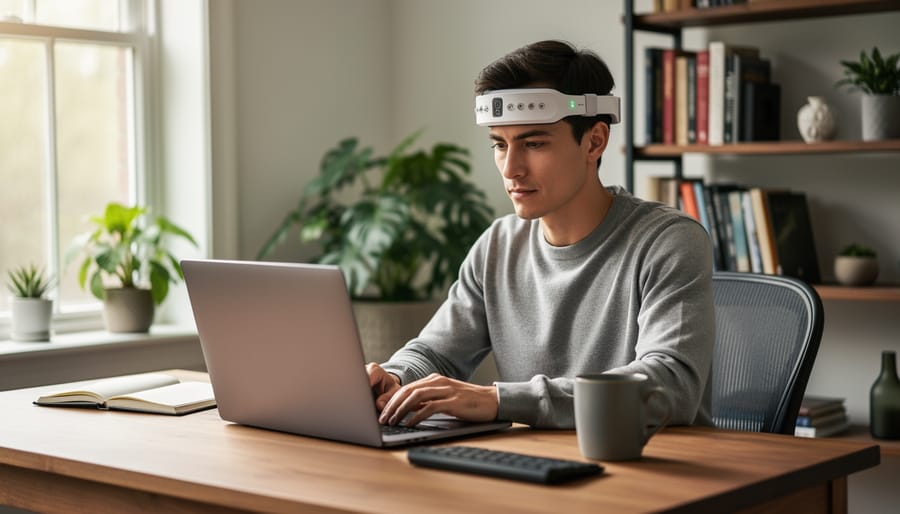 Neurotechnology headband device on desk with laptop in home office setting