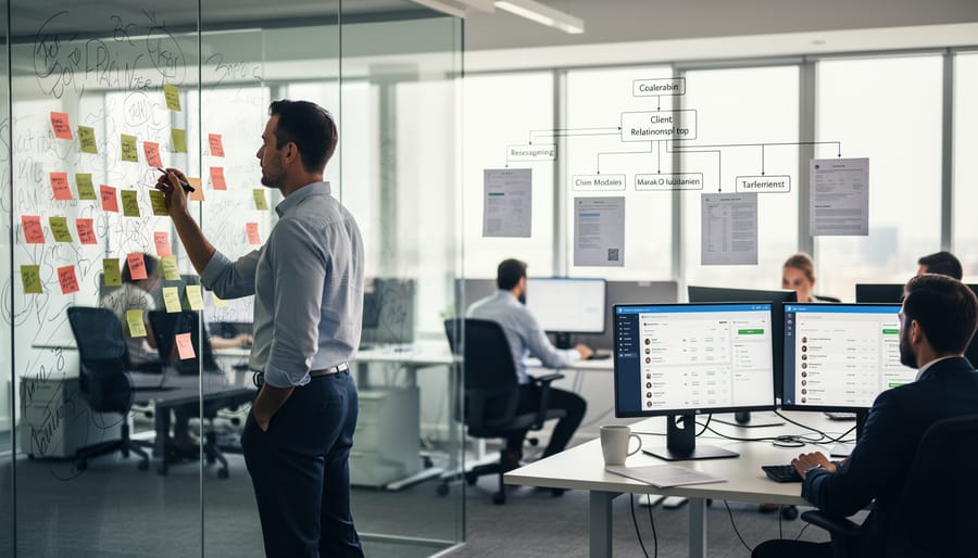 Organized freelance writer workspace with laptop, notebook, and coffee on clean desk