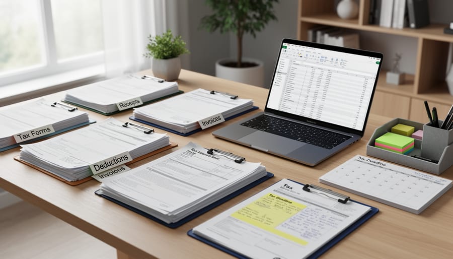 Organized tax form folders arranged on clean desk in home office