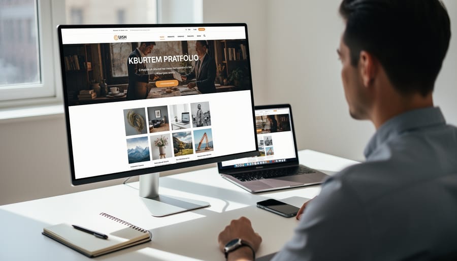Laptop displaying professional portfolio website on clean modern desk
