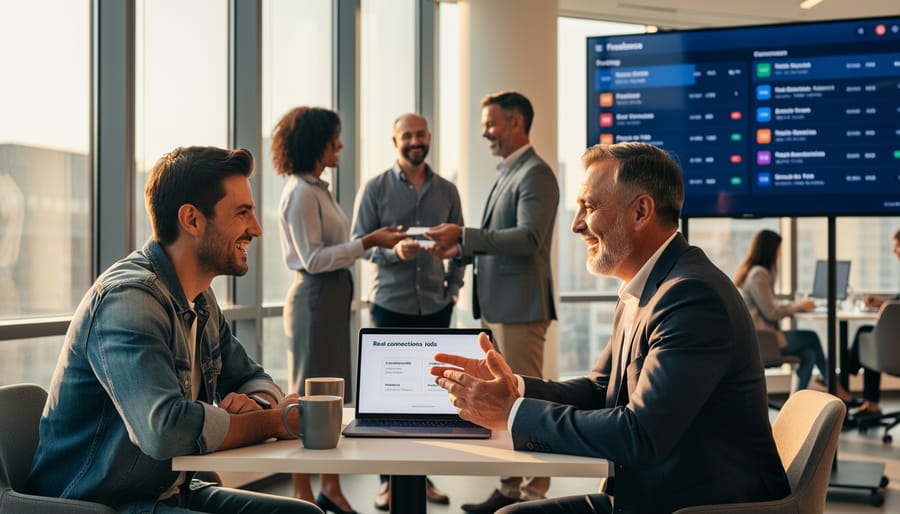 Business professionals networking and conversing in casual coffee shop setting