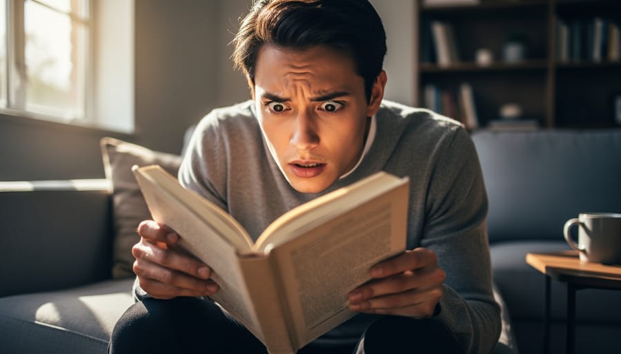 Close-up of hands gripping open book with tension